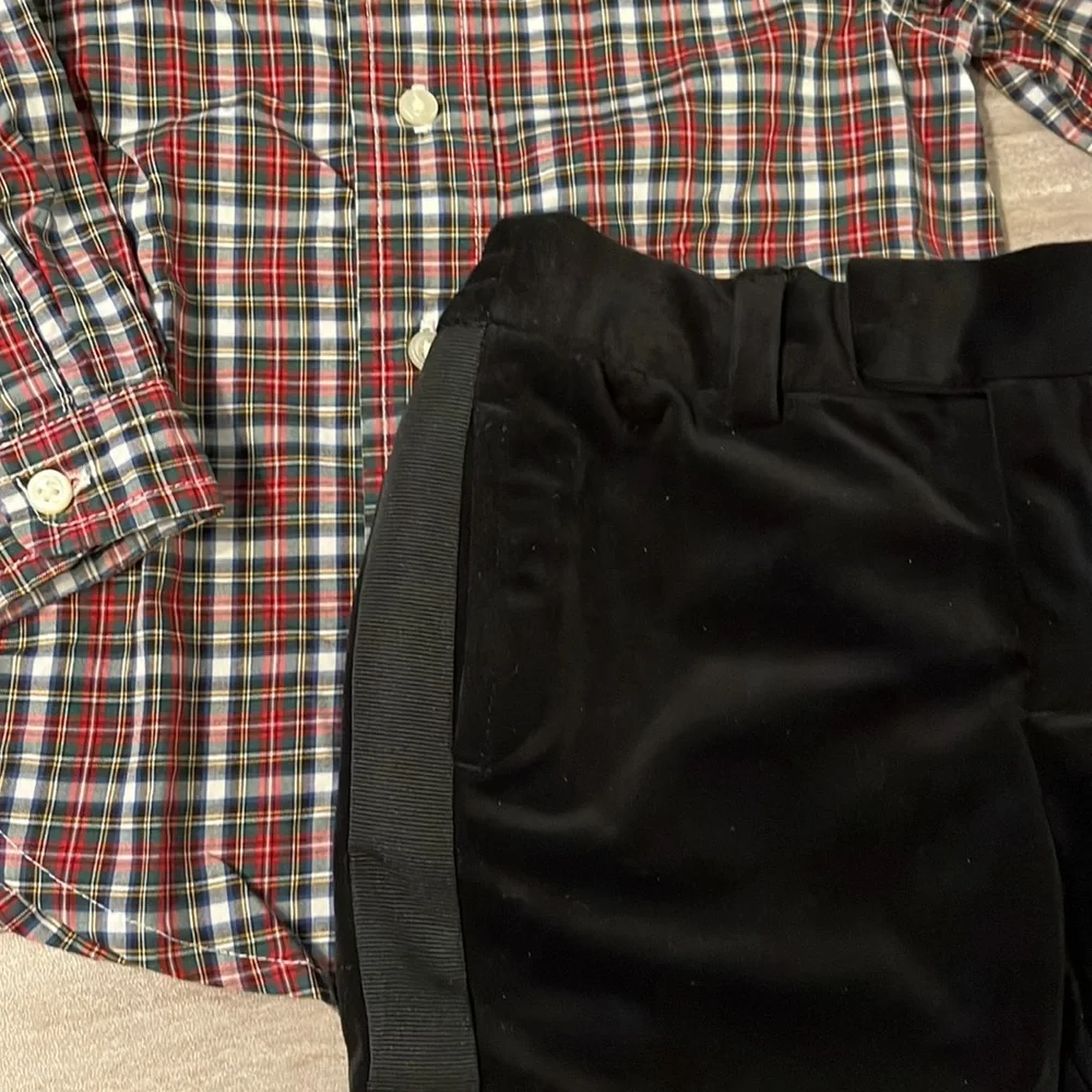 Ralph Lauren Baby Formal Plaid Dress Shirt & Velvet Tuxedo Pant Set